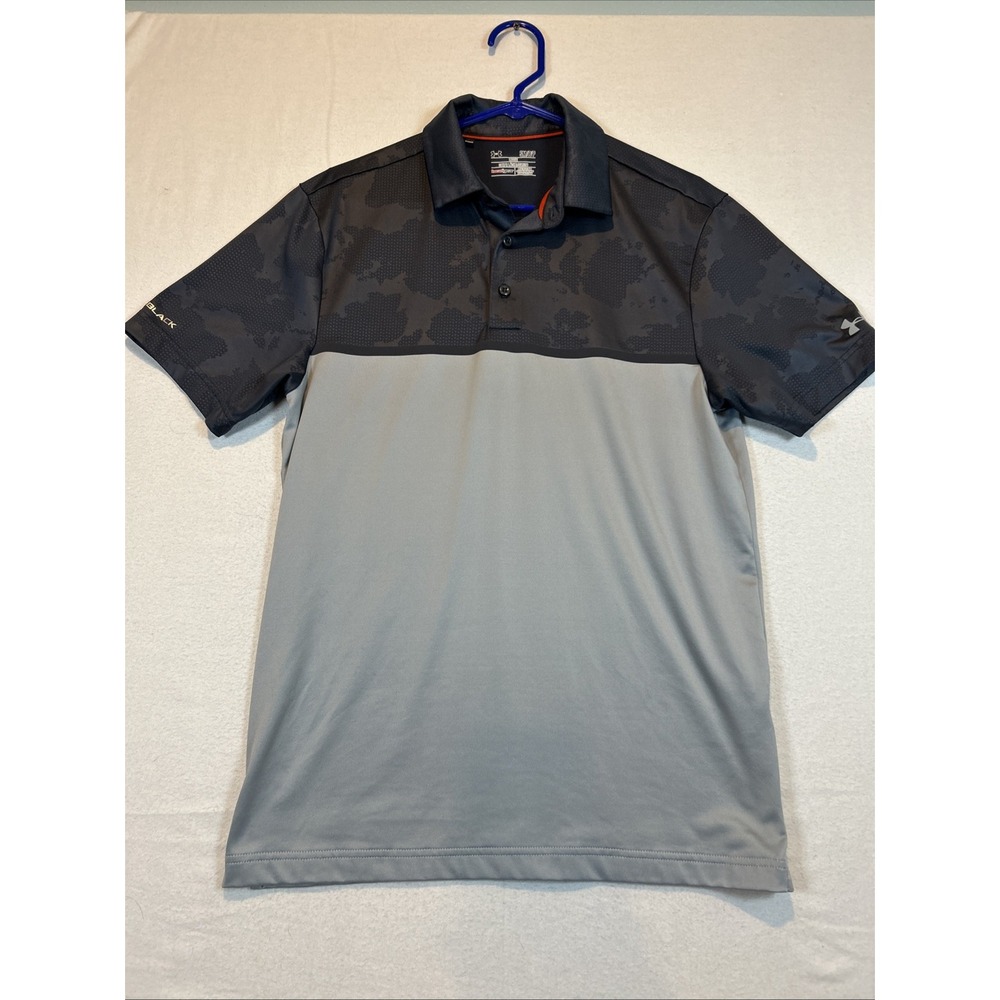 Under Armour Golf Polo Shirt Mens Small HeatGear Loose Fit Gray Black Camo